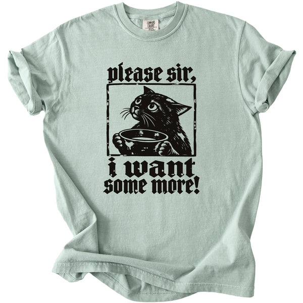 Light green t-shirt with black graphic of a cat holding a bowl and text.