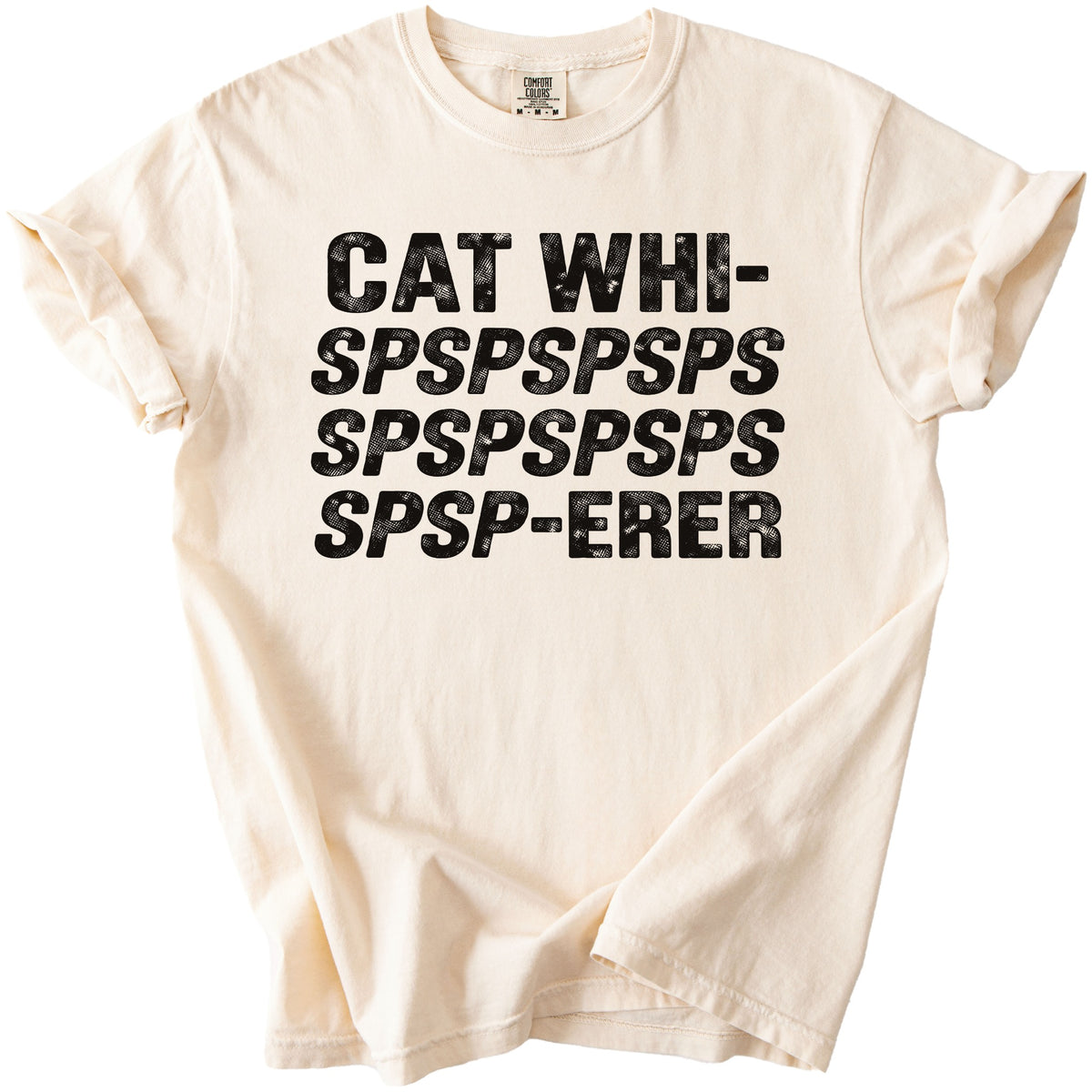 Cream t-shirt with black text: CAT WHI- SPSPSPSPS SPSPSPSPS SPSP-ERER.