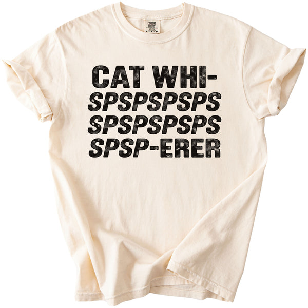 Cream t-shirt with black text: CAT WHI- SPSPSPSPS SPSPSPSPS SPSP-ERER.