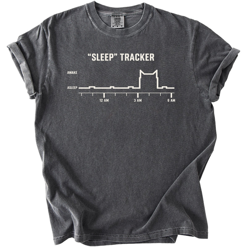 Dark gray t-shirt with white text and a cat-shaped sleep tracker graph.