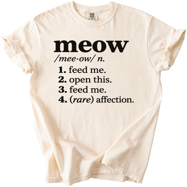 Cream t-shirt with "meow" definition in black text.
