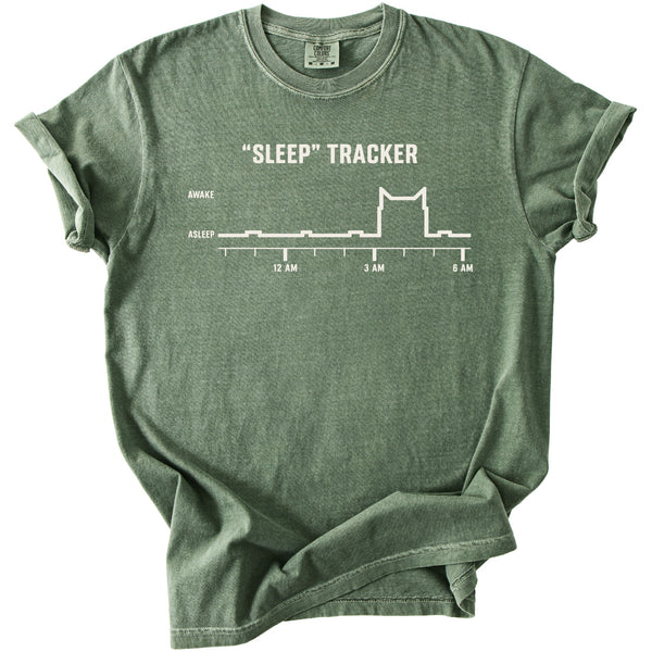 Green t-shirt with white text and a sleep tracking graph.