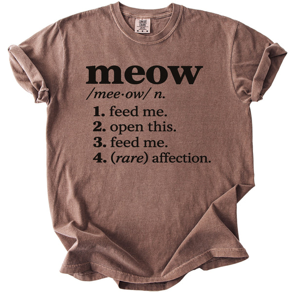Brown t-shirt with "meow" definition in black text.