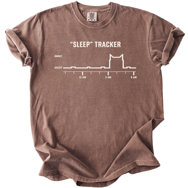 Brown t-shirt with "SLEEP" TRACKER graphic showing a cat outline on a sleep chart.