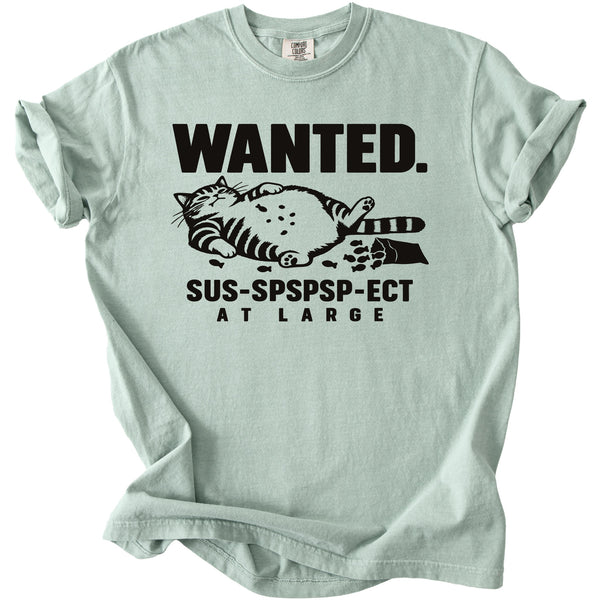 Light green t-shirt with "WANTED. SUS-SPSPSP-ECT AT LARGE" and a cat graphic.