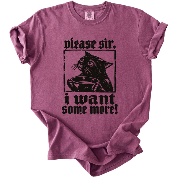 Maroon t-shirt with black graphic of cat holding bowl, text "please sir, i want some more!".