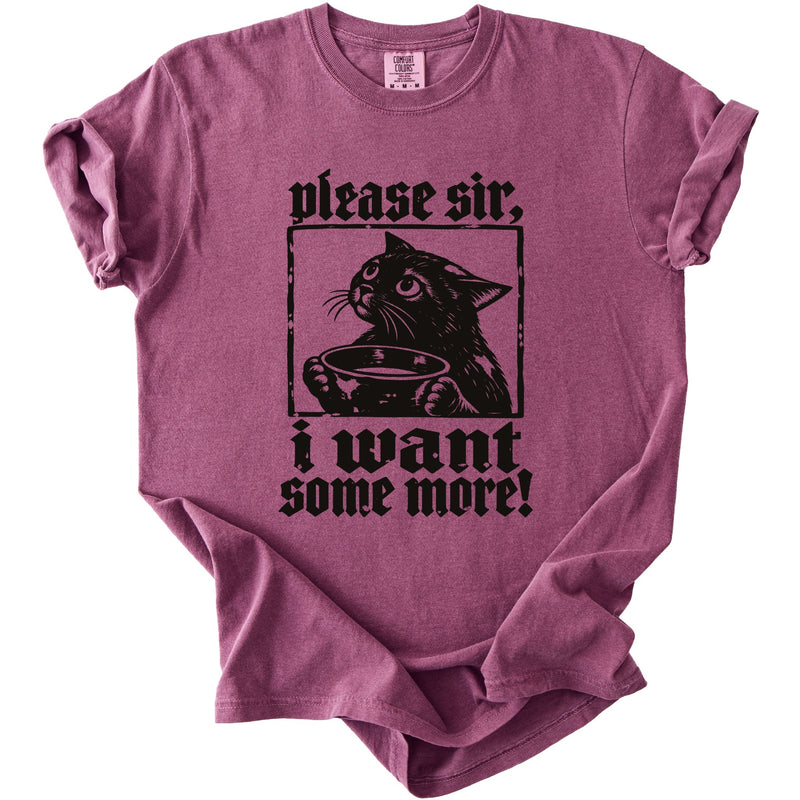 Maroon t-shirt with black graphic of cat holding bowl, text "please sir, i want some more!".