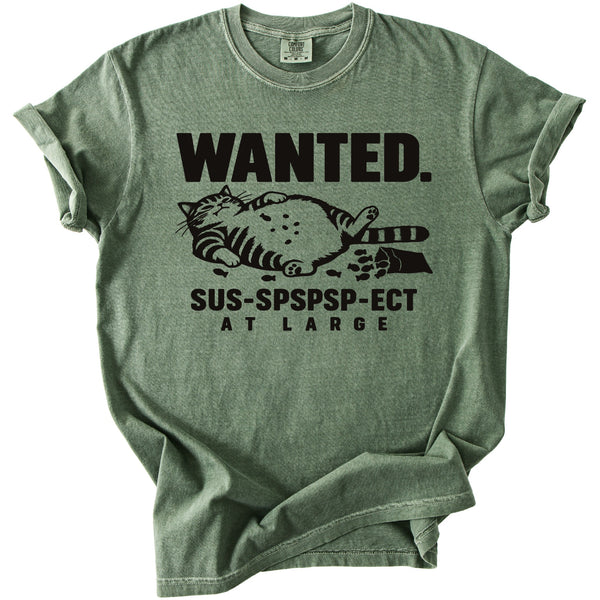 Green t-shirt with black text "WANTED." and a tabby cat graphic.