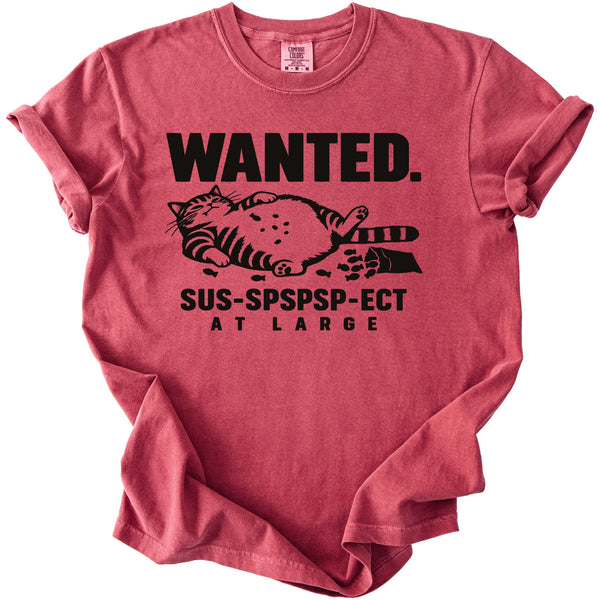 Red t-shirt with black text and graphic of a fat cat.