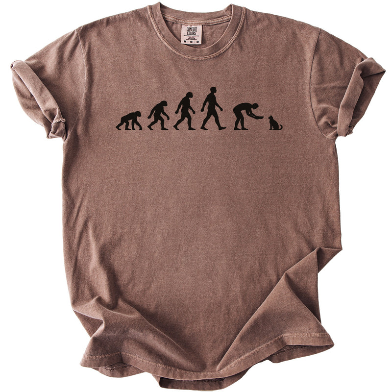 Brown t-shirt with black graphic of human evolution ending in a person petting a cat.