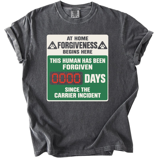 Dark grey t-shirt with "At home forgiveness begins here" and "0000 days since the carrier incident" text.