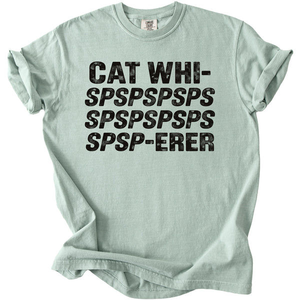 Light green t-shirt with black distressed text reading CAT WHISPSPSPSPSPSPSPSP-ERER across the chest.