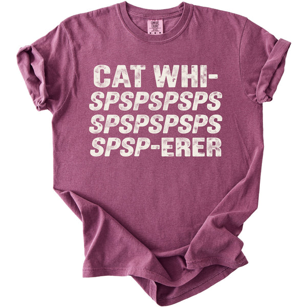 Mauve t-shirt with distressed white text "CAT WHI-SPSPSPSPSPSPSPSPSPSPSP-ERER".