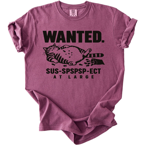 T-shirt with a wanted poster design featuring a cat and text.