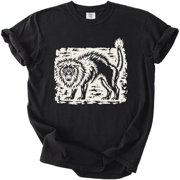 Black t-shirt with a distressed graphic of a startled black cat.