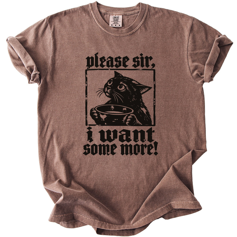 Brown t-shirt with a black cat holding a bowl and text "please sir, i want some more!".