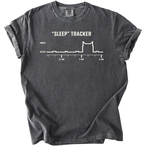 Dark gray t-shirt with a "Sleep" Tracker graphic and a cat outline.