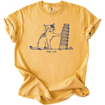 Yellow t-shirt with blue graphic of a cat holding the Leaning Tower of Pisa.