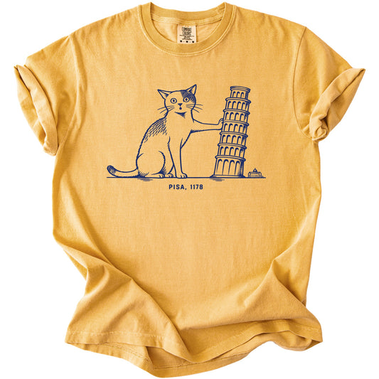 Yellow t-shirt with blue graphic of a cat holding the Leaning Tower of Pisa.