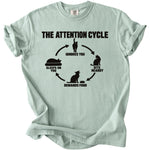 The Attention Cycle graphic with cats on a light green t-shirt.