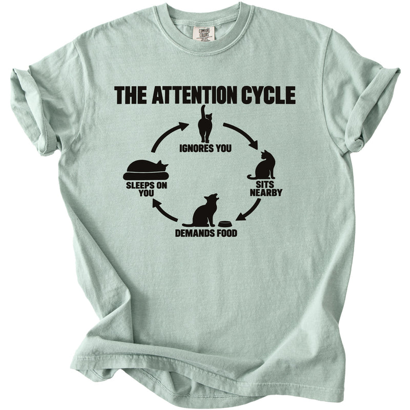 The Attention Cycle graphic with cats on a light green t-shirt.
