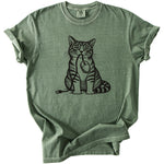 Green t-shirt with a black graphic of a cat holding a computer mouse in its mouth.