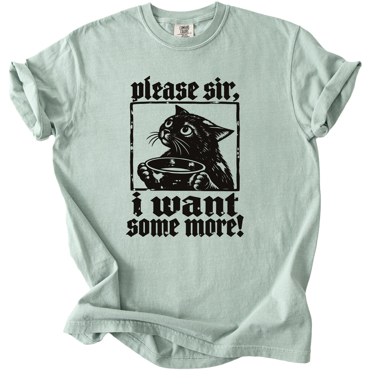 Light green t-shirt with black graphic of a cat holding a bowl and text.