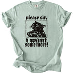 Light green t-shirt with black graphic of a cat holding a bowl and text.