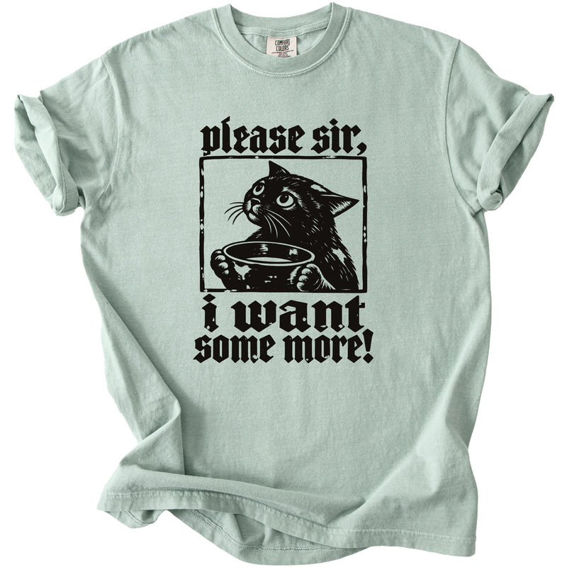 Light green t-shirt with black graphic of a cat holding a bowl and text.