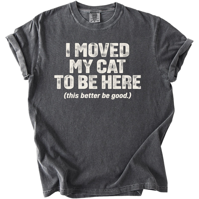 Dark gray t-shirt with "I MOVED MY CAT TO BE HERE (this better be good.)" text.
