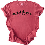 Red t-shirt with black graphic of human evolution ending with a person feeding a cat.