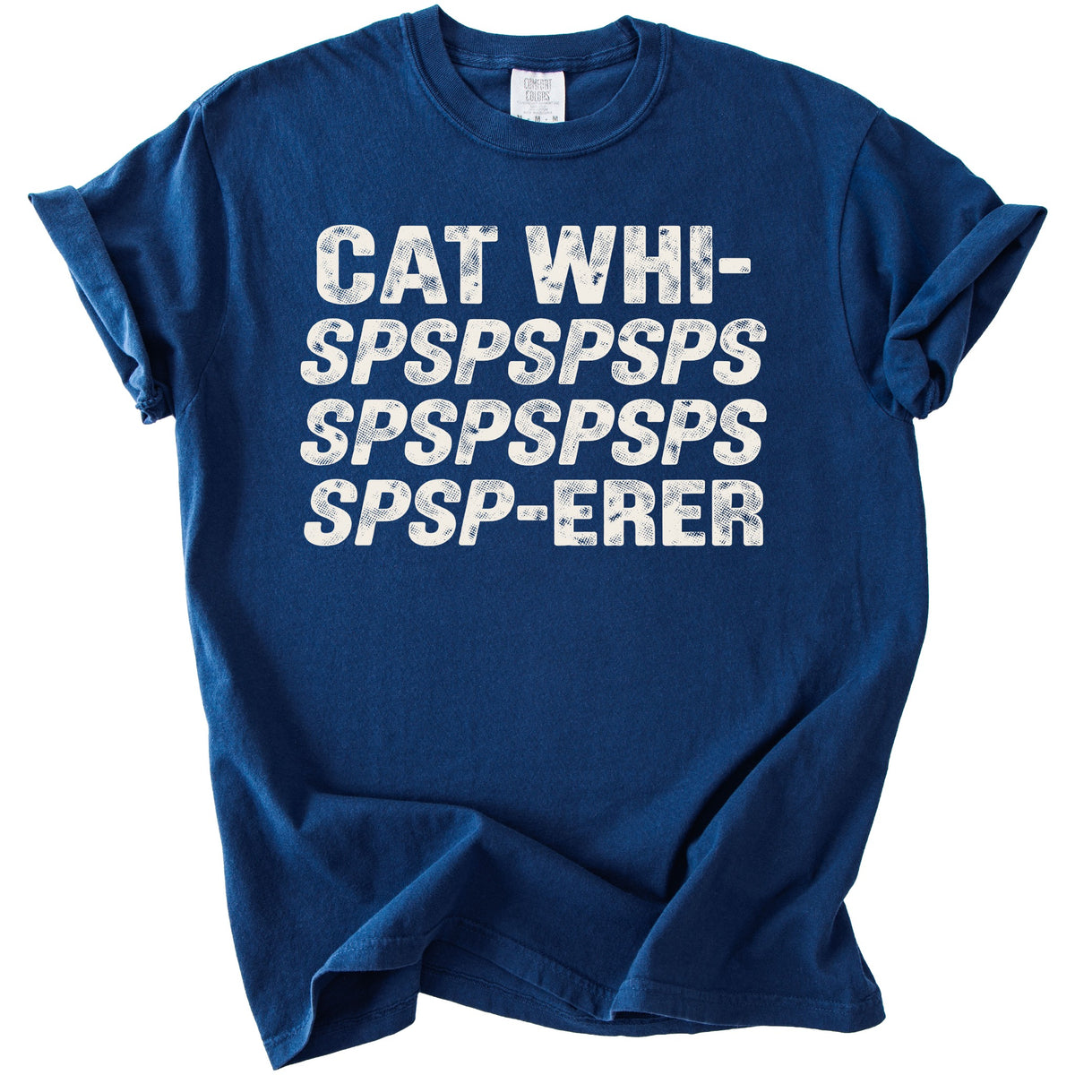 Blue t-shirt with distressed white text reading "CAT WHI-SPSPSPSPSPSPSPSPSPSPSPSPSPSPSPSPSPSP-ERER".