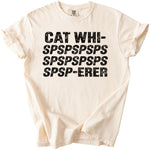 Cream t-shirt with black text: CAT WHI- SPSPSPSPS SPSPSPSPS SPSP-ERER.