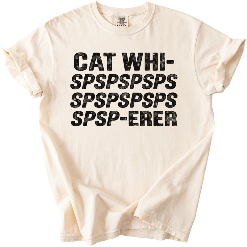 Cream t-shirt with black text: CAT WHI- SPSPSPSPS SPSPSPSPS SPSP-ERER.