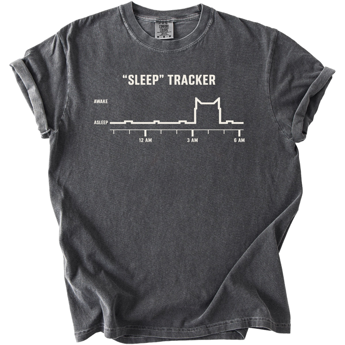 Dark gray t-shirt with white text and a cat-shaped sleep tracker graph.
