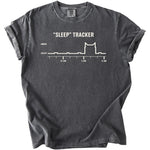 Dark gray t-shirt with white text and a cat-shaped sleep tracker graph.