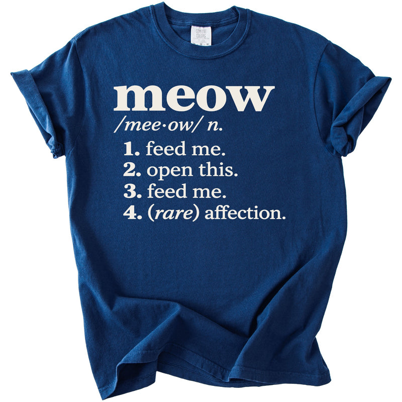 Dark blue t-shirt with "meow" definition printed in white text.
