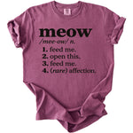 "Meow" definition t-shirt with numbered list on plum colored shirt.