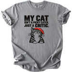 Grey t-shirt with black text "MY CAT ISN'T A PICKY EATER. JUST A CRITIC." and a cat wearing a red beret.