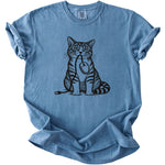 Blue t-shirt with black graphic of a tabby cat holding a computer mouse in its mouth.