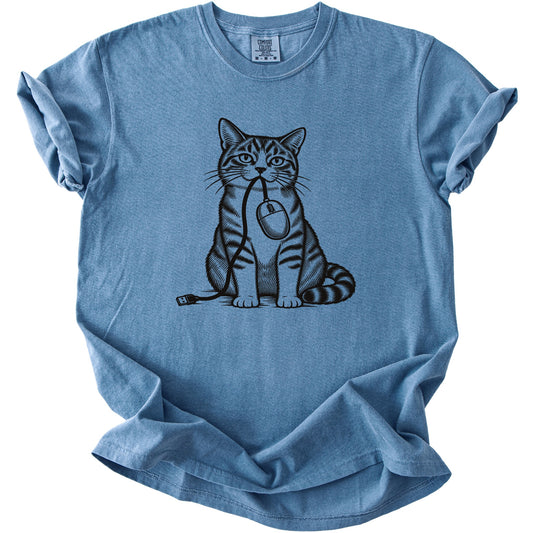 Blue t-shirt with black graphic of a tabby cat holding a computer mouse in its mouth.