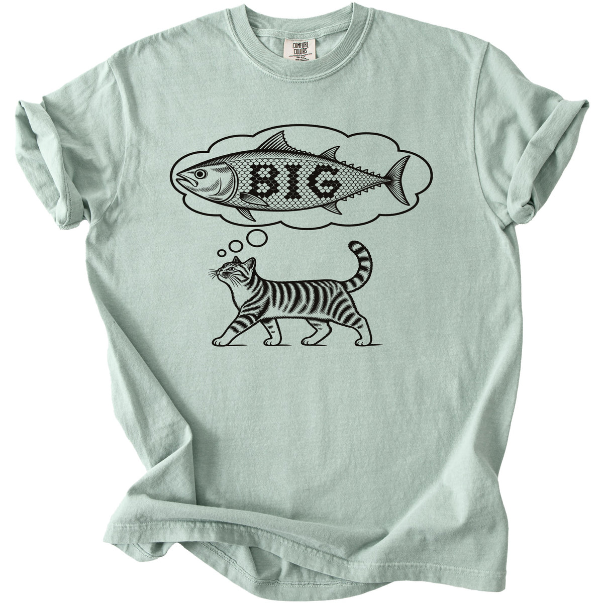 Cat dreaming of a big fish with text.