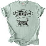 Cat dreaming of a big fish with text.