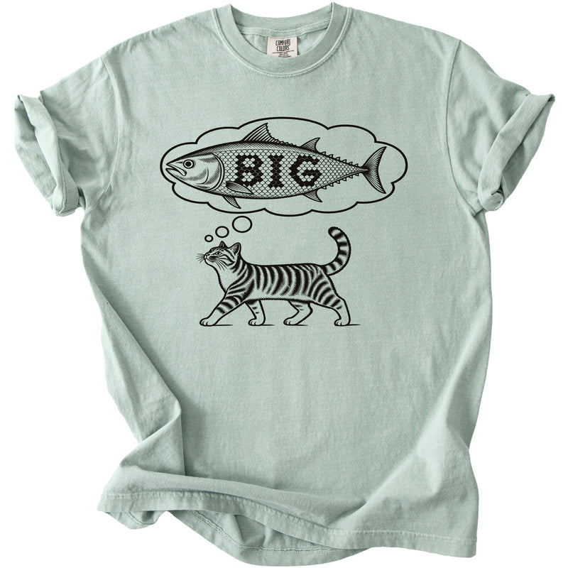 Cat dreaming of a big fish with text.