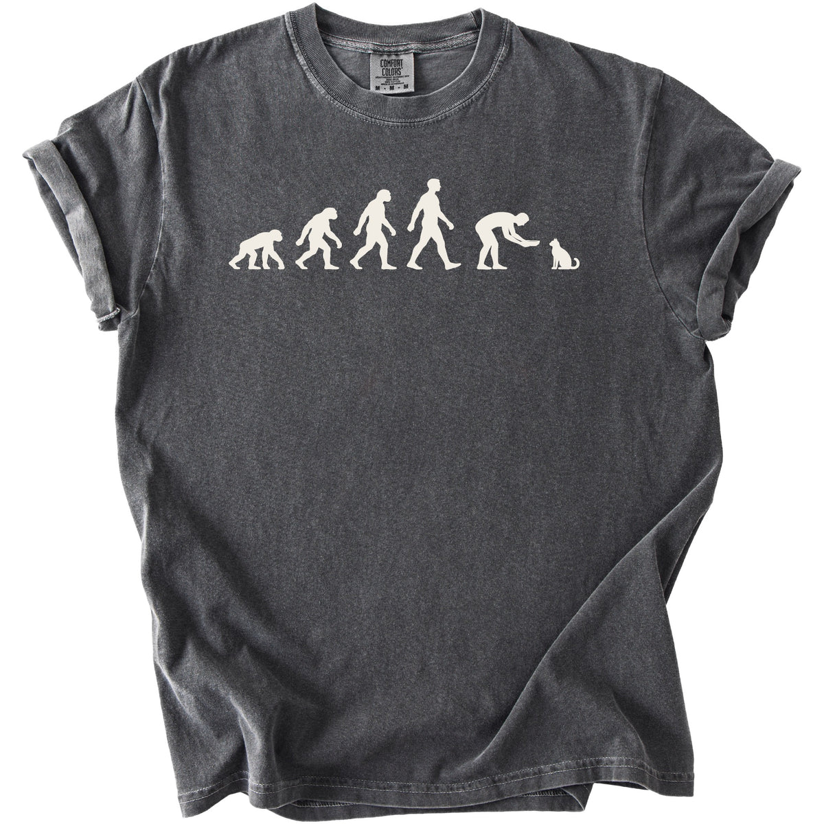 Dark grey t-shirt with white graphic showing evolution from ape to human interacting with cat.