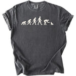 Dark grey t-shirt with white graphic showing evolution from ape to human interacting with cat.