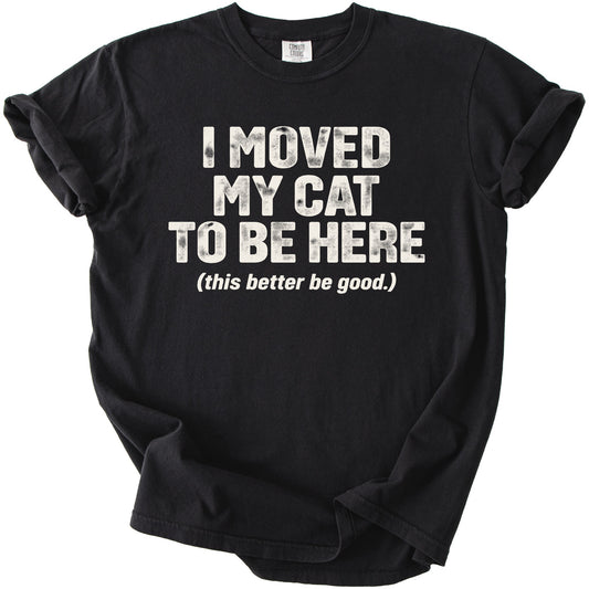 Black t-shirt with "I MOVED MY CAT TO BE HERE (this better be good.)" text.