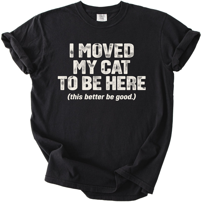 Black t-shirt with "I MOVED MY CAT TO BE HERE (this better be good.)" text.