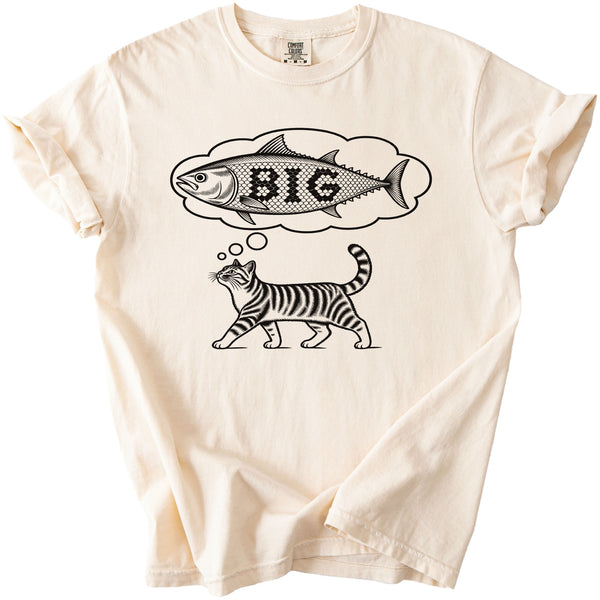Cream t-shirt with black graphic of a cat dreaming of a fish with the word "BIG"