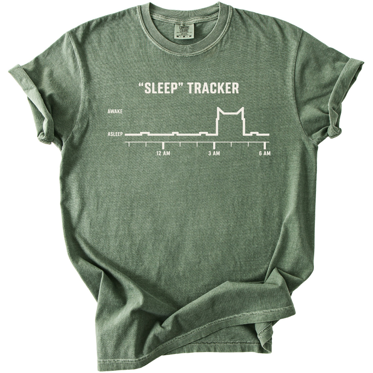Green t-shirt with white text and a sleep tracking graph.